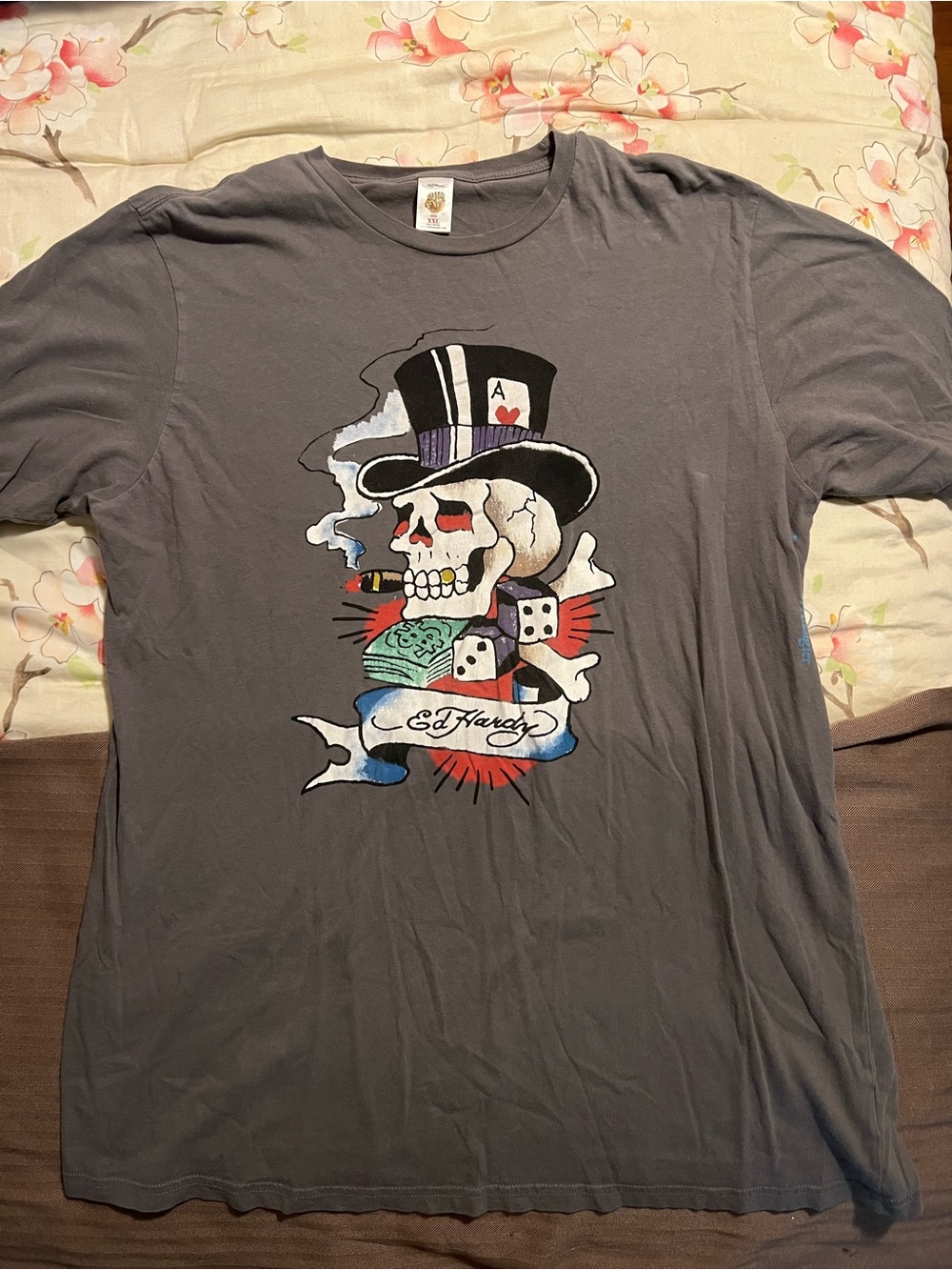 Vintage Ed Hardy T-Shirt Mens XXL Gray Skull Dice Cigar Spellout Graphic Preppy